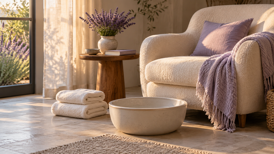 A ceramic foot basin and folded ivory towels beside a cream chair and lavender flowers in a softly lit home spa corner.
