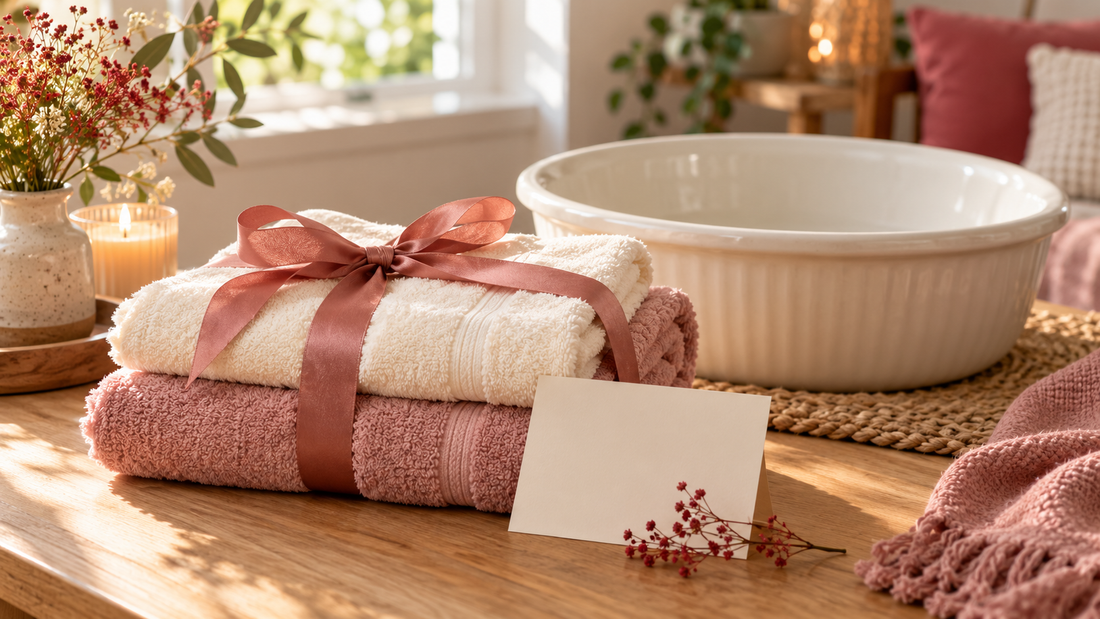 Blush and ivory towels tied with a rose-colored ribbon beside a blank gift card and an empty ceramic foot basin in a sunlit home.