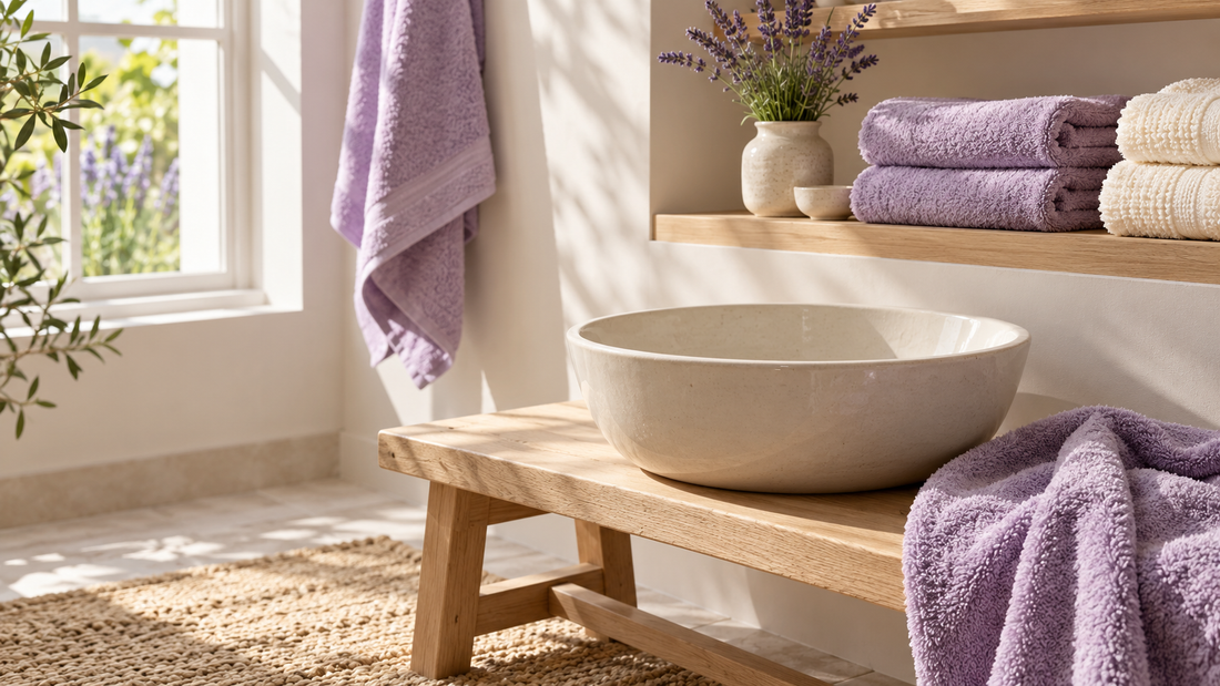 Lavender towels and flowers beside an empty ceramic foot basin on an oak bench in a sunlit bathroom.