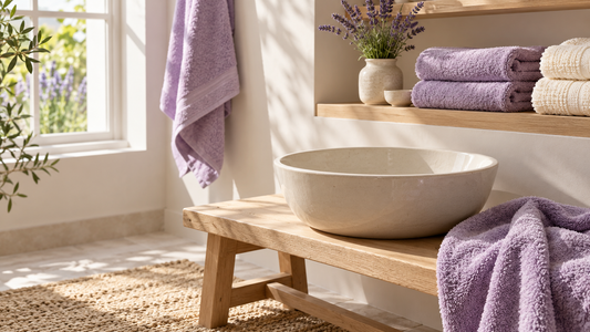 Lavender towels and flowers beside an empty ceramic foot basin on an oak bench in a sunlit bathroom.