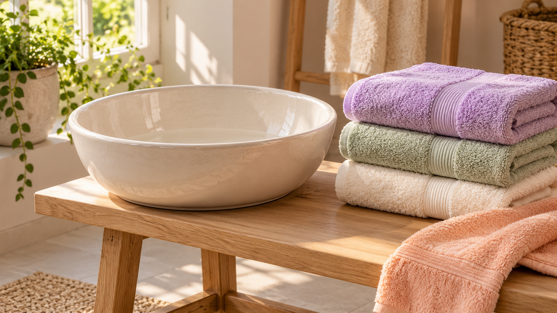 An ivory ceramic foot basin beside lavender, pale green, cream, and peach towels on a sunlit oak bathroom bench.