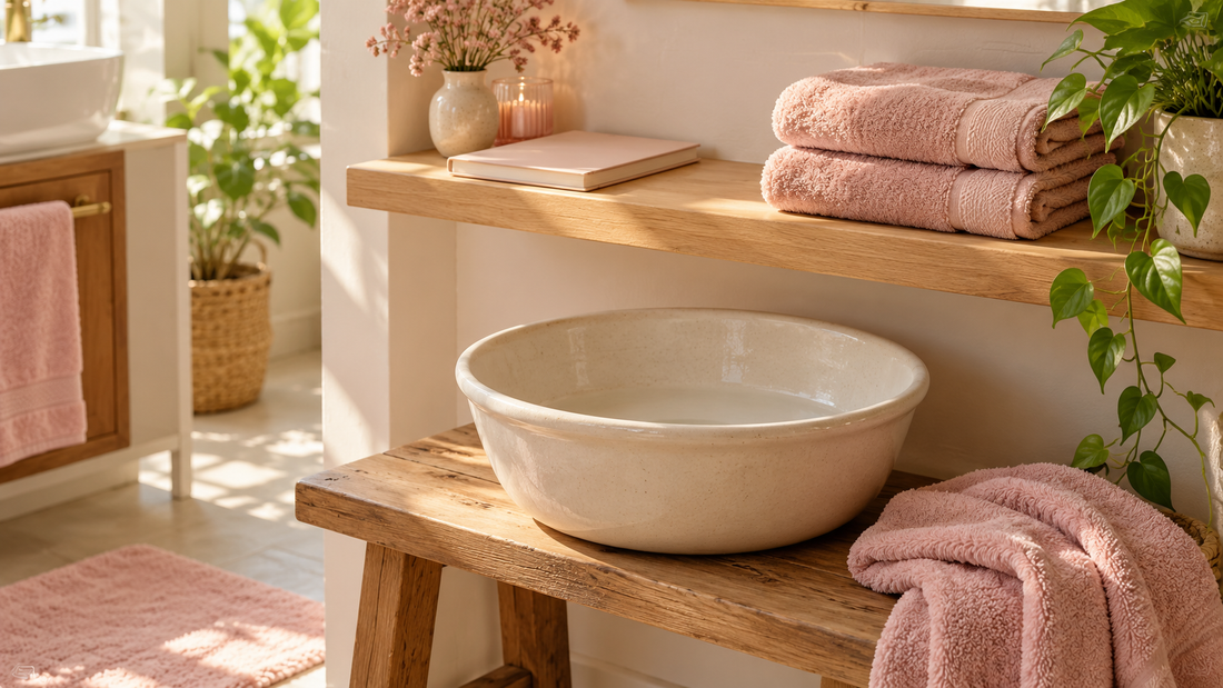 Blush pink towels and a closed notebook on an oak shelf above an empty ivory foot basin in a sunlit bathroom.