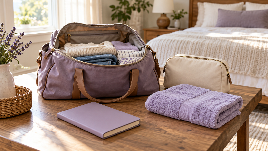 An open lavender weekender bag, cream toiletry pouch, folded lavender towel, and blank notebook on a bedroom packing table.