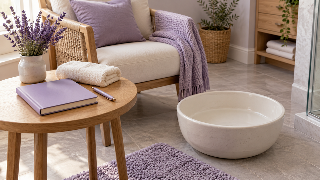 A lavender notebook and pen beside a folded ivory towel, with a chair and empty ceramic foot basin in a softly lit home spa corner.
