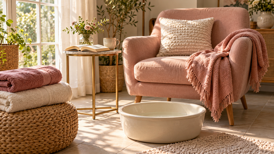 A blush armchair, open book, folded pink and ivory towels, and empty ceramic foot basin in a sunlit home spa setting.