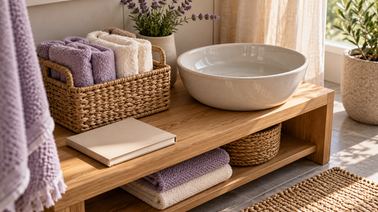 A woven caddy of lavender and ivory towels beside a ceramic foot basin and closed notebook on an oak bathroom shelf.
