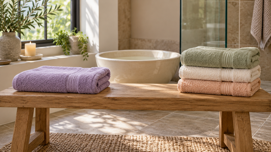 A single lavender towel and a stack of sage, cream, and peach towels on an oak bench with an ivory foot basin behind them.