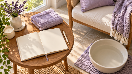 An open blank notebook, pen, and lavender towel on an oak table beside a chair and ivory foot basin in a sunlit home.