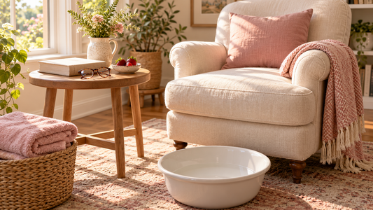 A cream reading chair beside a book, blush towel, and white foot basin in a sunlit strawberry-themed home spa corner.