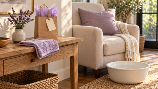 A kraft gift bag with lavender tissue, a lavender towel, and flowers beside a cream chair and white foot basin.