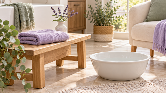 A white foot basin beside an oak bench with a lavender towel and flowers in a bright home spa setting.