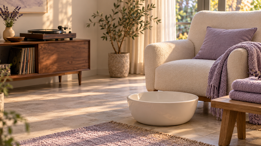 A cream chair and white foot basin with lavender towels, with a turntable on a separate console in a sunlit room.