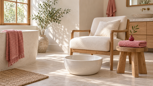 A white foot basin beside an ivory chair and oak stool with a pink towel in a sunlit home spa setting.