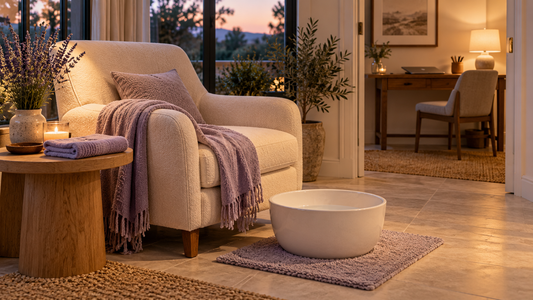 A cream chair, lavender towel, and white foot basin at dusk, with a closed laptop on a desk in the background.