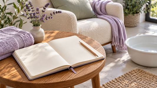 An open blank notebook and pencil beside lavender towels, with a cream chair and white foot basin in a home spa corner.