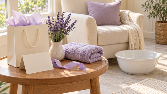 A cream gift bag, blank birthday card, lavender ribbon, and towel beside a home spa chair and white foot basin.